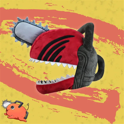 Adult unisex chainsaw man denji pochita plush hat featuring red and black plush chainsaw with gray handle and silver teeth