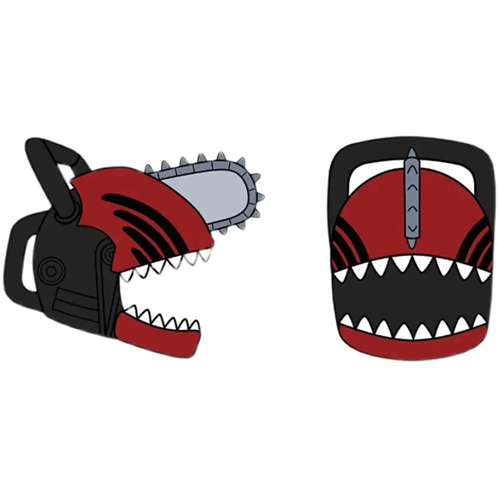 Adult unisex chainsaw man denji pochita plush hat in red and black with menacing grin and silver chain saw blade details