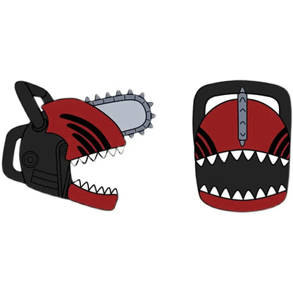 Adult unisex chainsaw man denji pochita plush hat in red and black with menacing grin and silver chain saw blade details