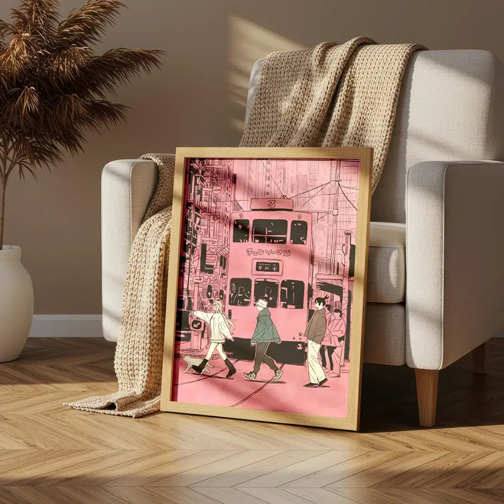 Framed chainsaw man denji canvas wall art featuring a pink tram in an urban scene in a light wood frame