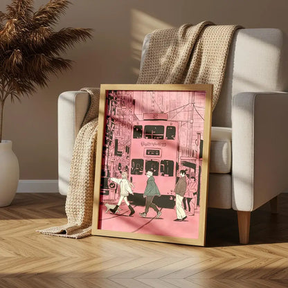 Framed chainsaw man denji canvas wall art featuring a pink tram in an urban scene in a light wood frame