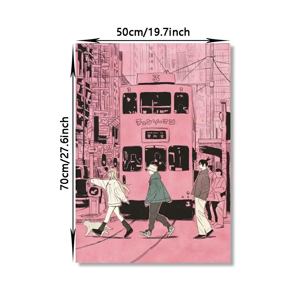 Chainsaw man denji canvas wall art featuring a pink illustrated cityscape with tram and pedestrians on canvas wall
