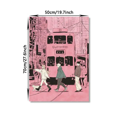Chainsaw man denji canvas wall art featuring a pink illustrated cityscape with tram and pedestrians on canvas wall