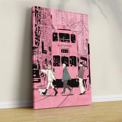 Pink canvas wall art featuring a stylized chainsaw man tram and pedestrians urban illustration design