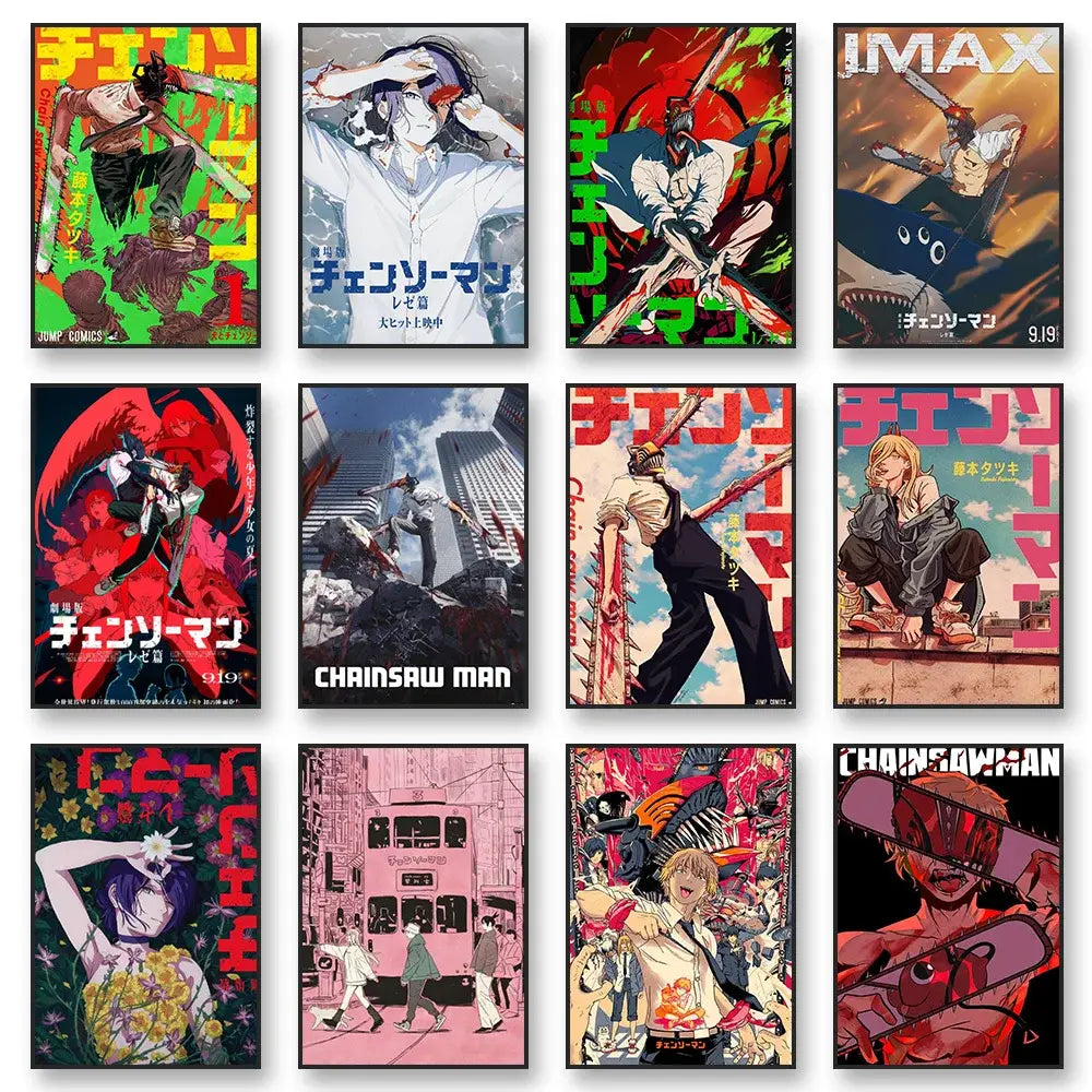 Set of nine vibrant chainsaw man canvas wall art posters with bold red and green colors on matte-finished frames