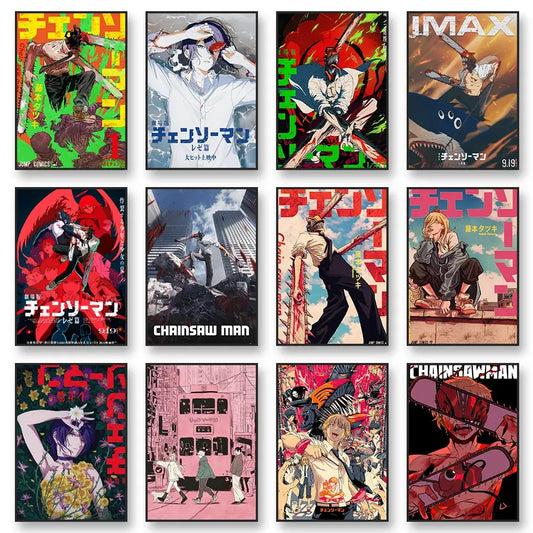 Set of nine vibrant chainsaw man canvas wall art posters with bold red and green colors on matte-finished frames