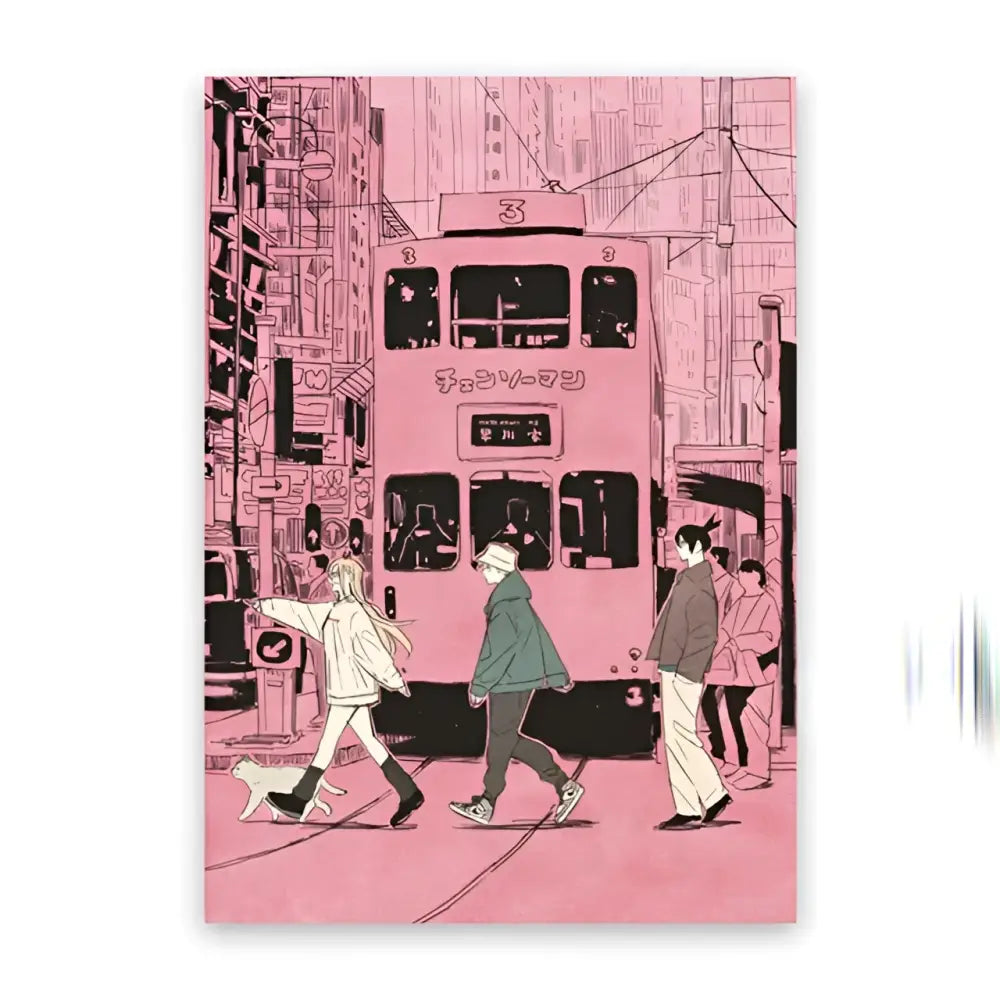Pink illustrated tram with black window frames and japanese text on chainsaw man denji canvas wall art poster