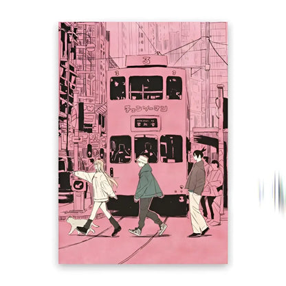 Pink illustrated tram with black window frames and japanese text on chainsaw man denji canvas wall art poster