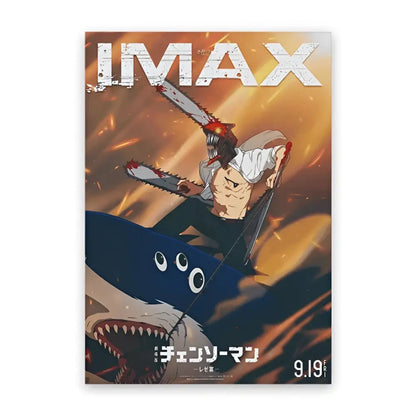 Imax chainsaw man canvas wall art poster featuring denji wielding chainsaws against a shark for wall decoration