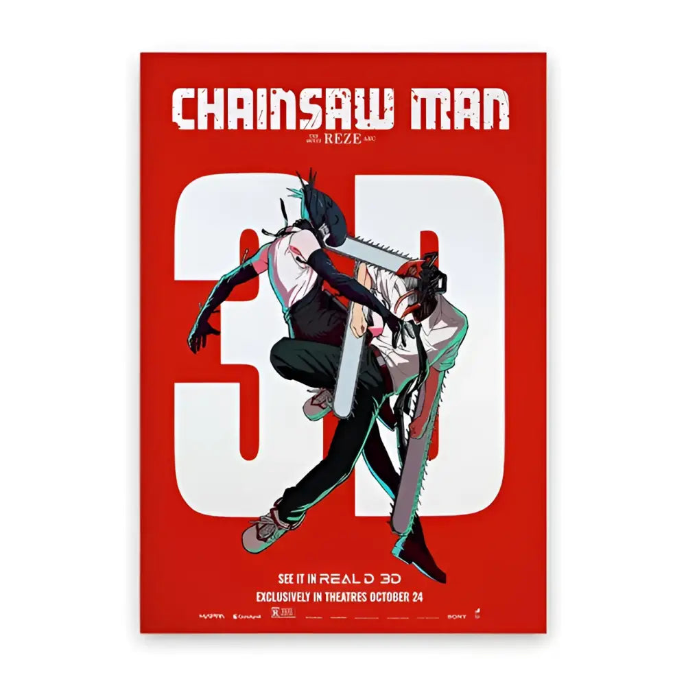 Red chainsaw man canvas wall art featuring denji in a dynamic pose with chainsaws for wall decoration
