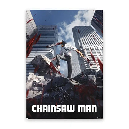 Chainsaw man denji canvas wall art featuring the protagonist with a chainsaw atop rubble against skyscrapers