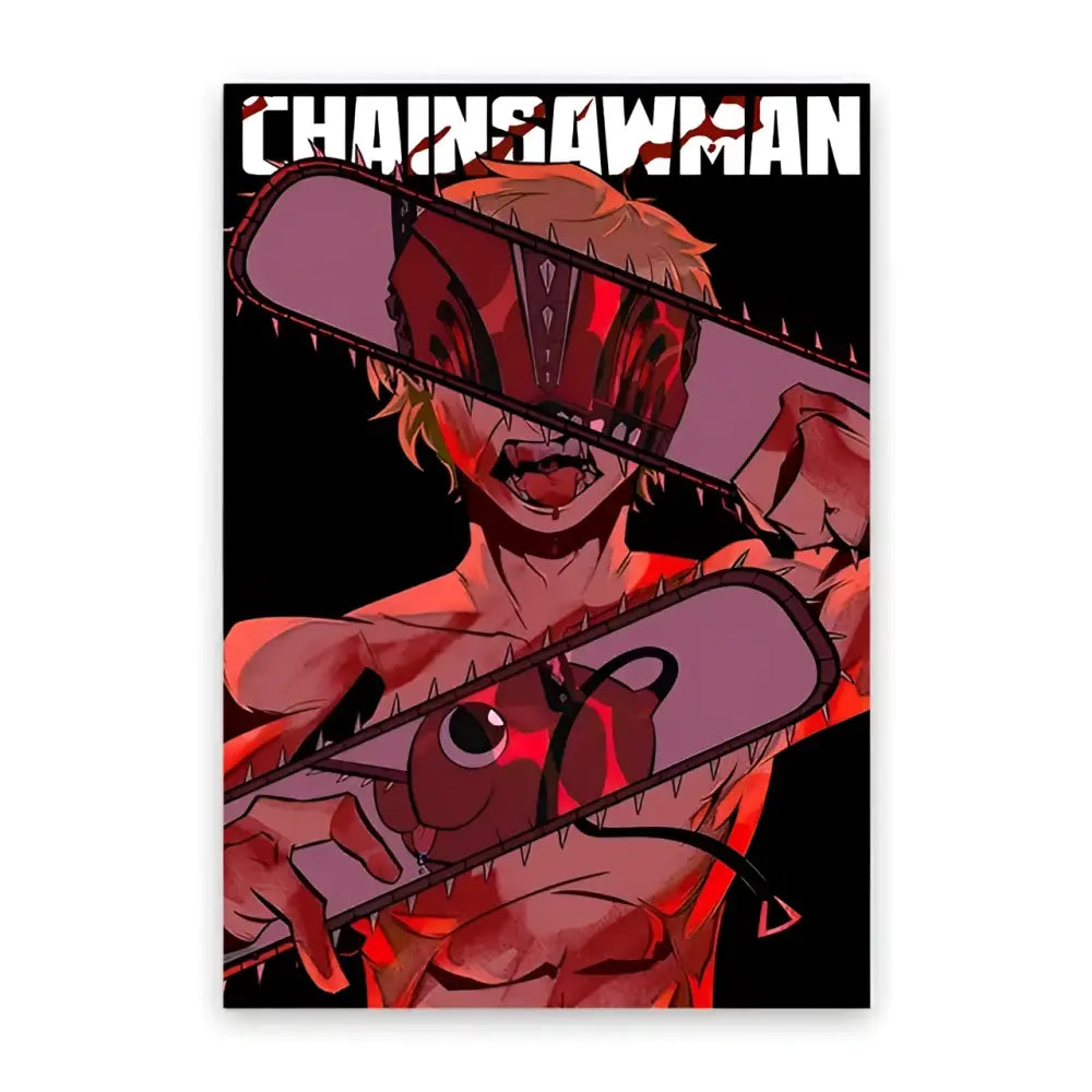 Chainsaw man denji poster canvas wall art featuring red and black anime character with chainsaw mask holding two saws