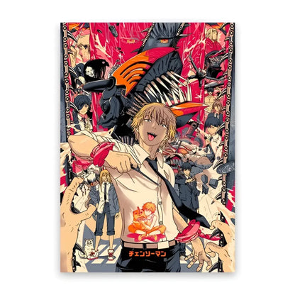 Vibrant red and black chainsaw man denji canvas wall art featuring blonde character and dynamic action scenes