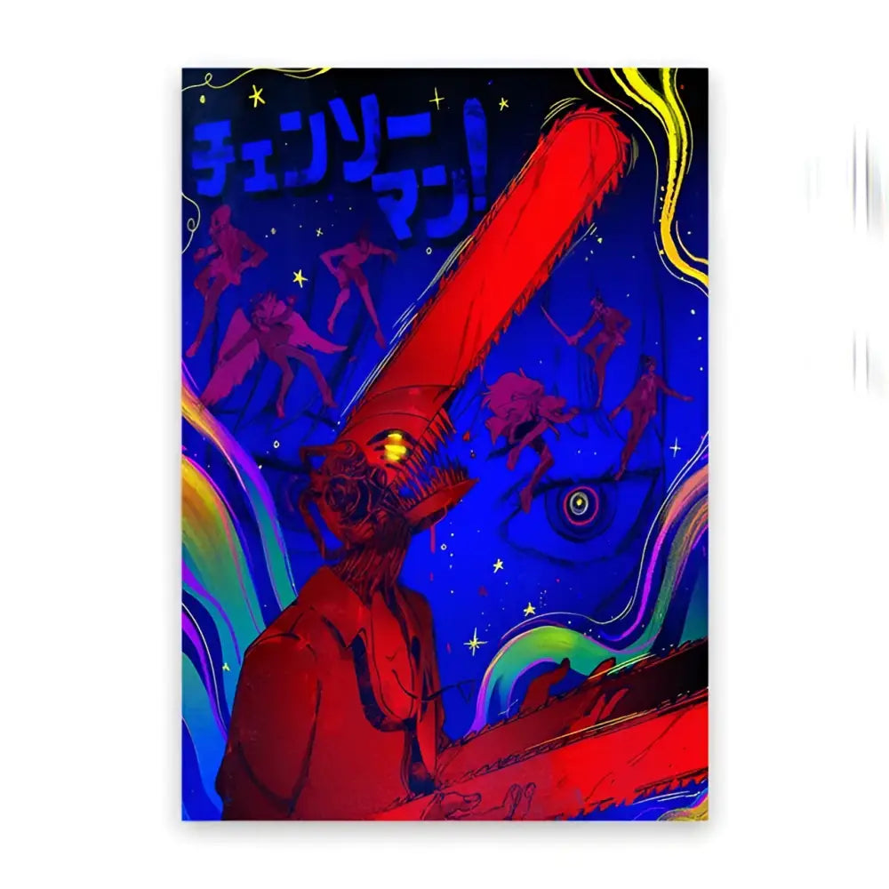 Vibrant red chainsaw man denji canvas wall art with glowing yellow eye and cosmic background for wall decoration