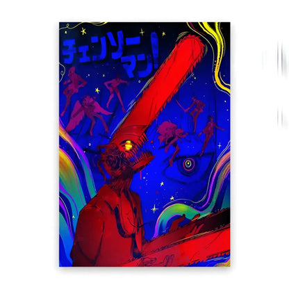 Vibrant red chainsaw man denji canvas wall art with glowing yellow eye and cosmic background for wall decoration