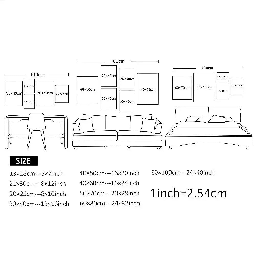 Black-and-white line art diagram showing wall-mounted chainsaw man denji poster arrangements for living room bedroom and office