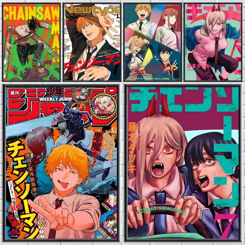 A vibrant chainsaw man denji poster featuring manga-style covers with bold artwork in waterproof self-adhesive material