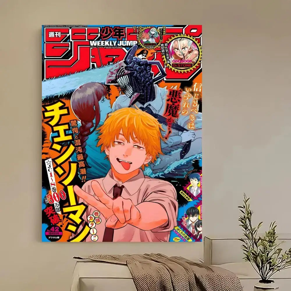 Vibrant chainsaw man denji poster featuring a smiling orange-haired boy on a waterproof self-adhesive print