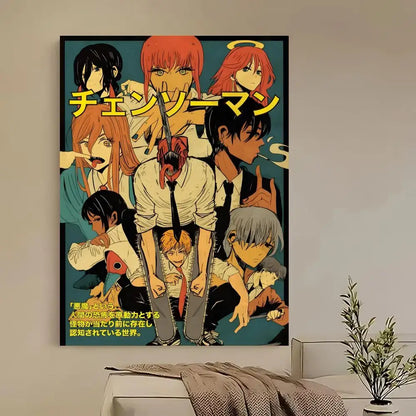 Vibrant chainsaw man denji poster with bold yellow text on dark teal background hd self-adhesive waterproof design