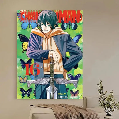 Vibrant green and blue chainsaw man manga volume 16 poster featuring denji in layered hoodie with ornate sword, self-adhesive and waterproof