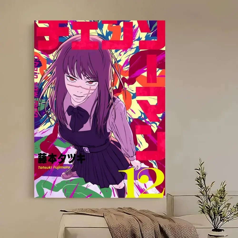 Vibrant chainsaw man denji poster featuring purple-haired anime character on self-adhesive waterproof canvas print