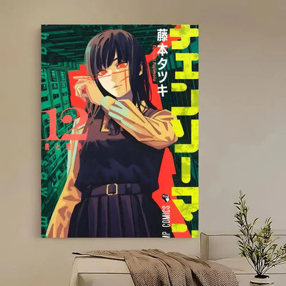 Vibrant chainsaw man denji poster canvas with dark hair red eyes and bold green yellow red graphic design elements