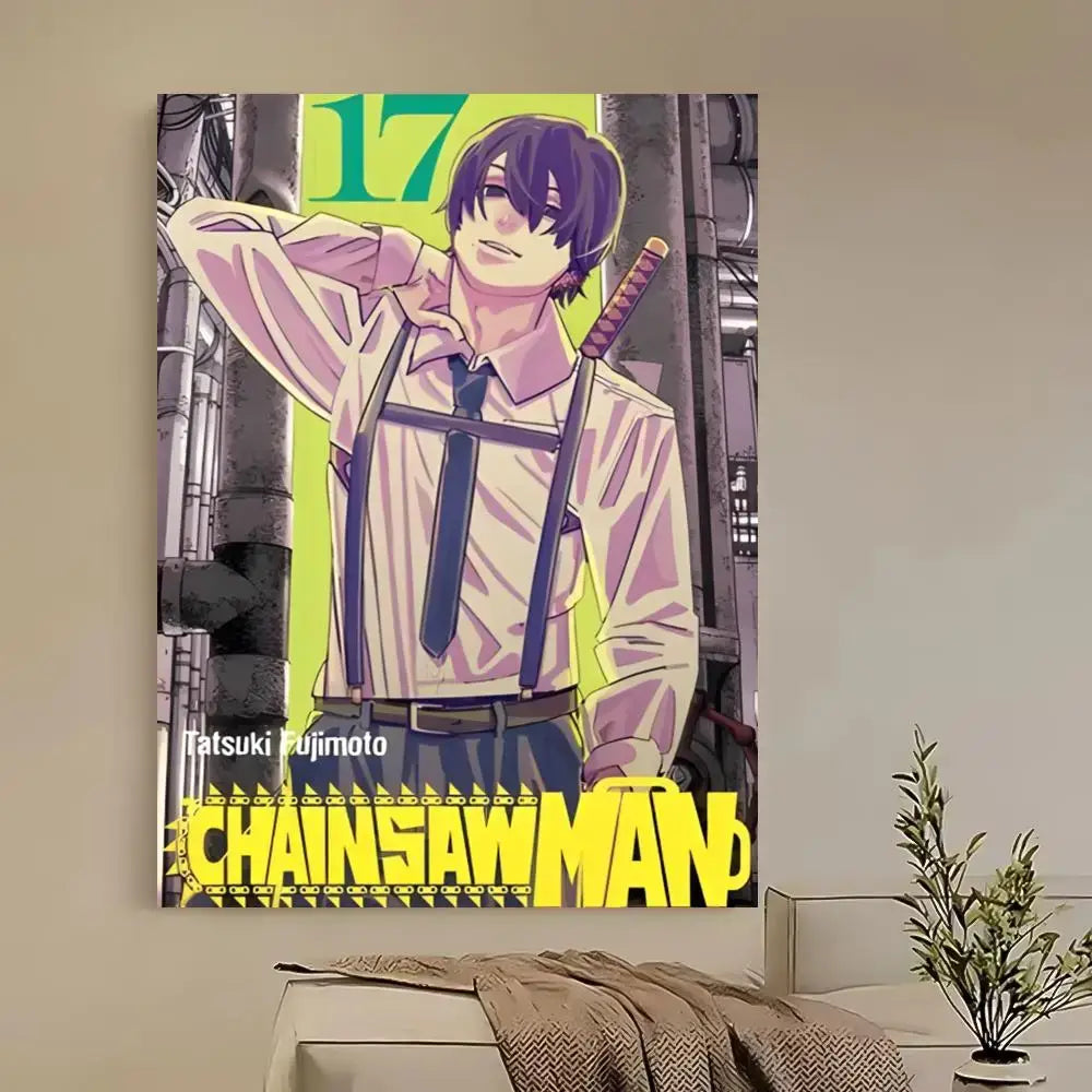 Vibrant yellow and green chainsaw man Denji poster featuring stylized anime art on self-adhesive waterproof material