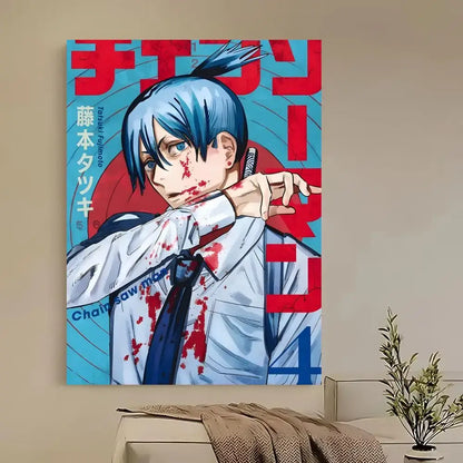 Vibrant chainsaw man denji poster with blue hair and blood-stained white shirt in hd self-adhesive waterproof material