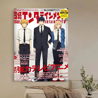 A vibrant red and white chainsaw man denji poster featuring three anime characters in formal attire self-adhesive waterproof