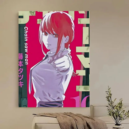 Vibrant pink and green chainsaw man denji poster featuring a red-haired character pointing forward on hd waterproof canvas