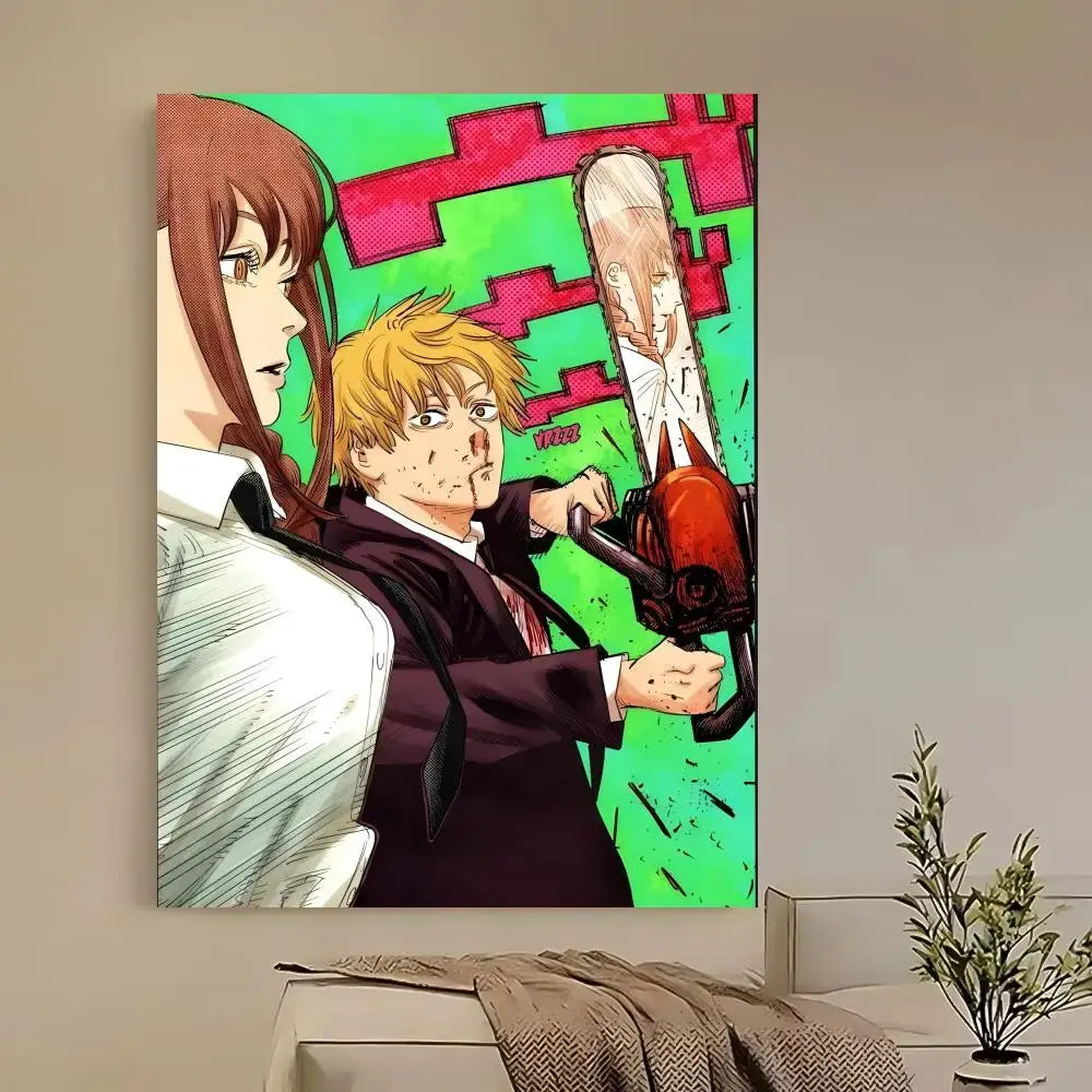 Vibrant green and red chainsaw man denji poster with chainsaw wielding character self-adhesive and waterproof canvas