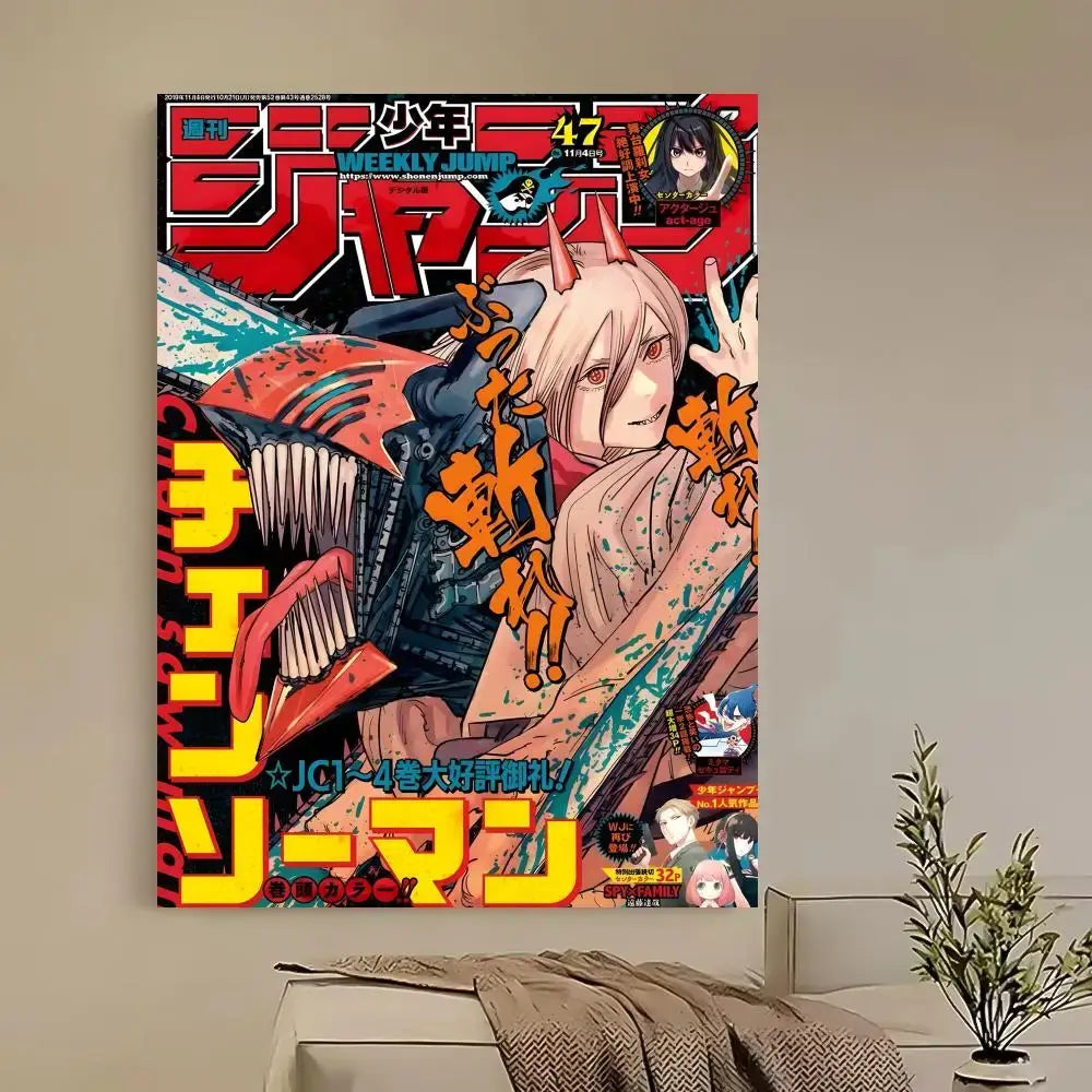 Vibrant red and yellow chainsaw man denji poster featuring a pink-haired anime character with horns holding an accordion weapon