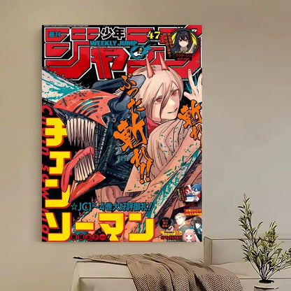 Vibrant red and yellow chainsaw man denji poster featuring a pink-haired anime character with horns holding an accordion weapon
