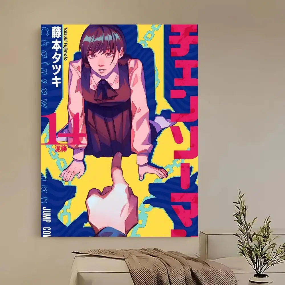 Vibrant chainsaw man denji poster featuring young woman in school uniform with bold yellow blue and pink design is waterproof and self-adhesive