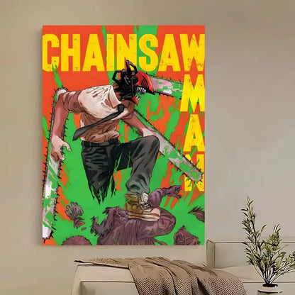 Vibrant orange and green chainsaw man denji poster with bold yellow lettering self-adhesive and waterproof