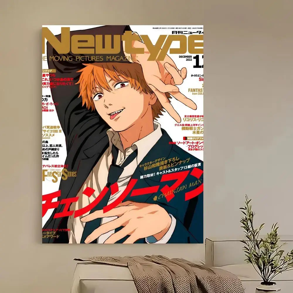 A vibrant chainsaw man denji poster featuring an orange-haired anime character in a dark suit on wall art
