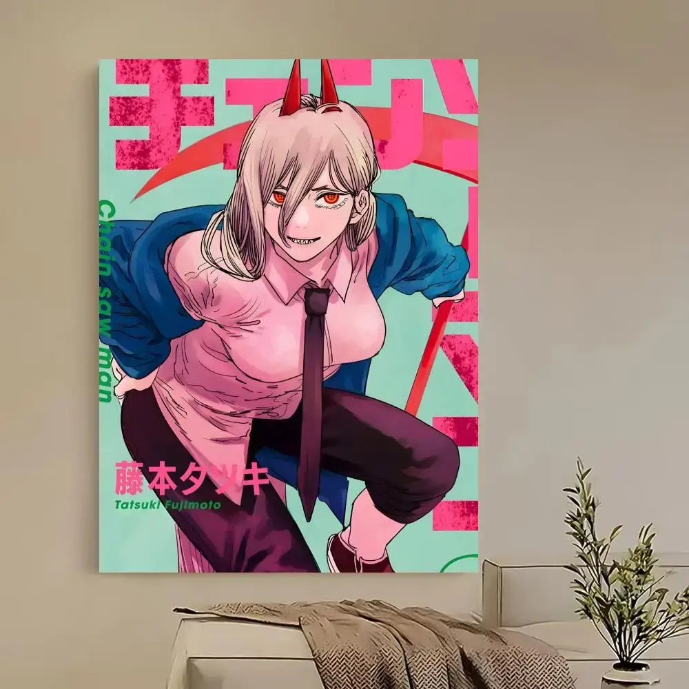 Chainsaw man denji poster features vibrant pink and teal anime art with red horns blue jacket pink shirt self-adhesive waterproof