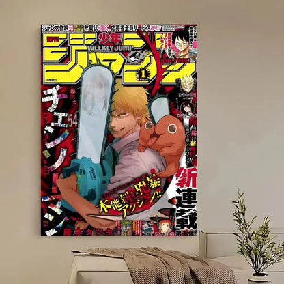 Chainsaw man denji poster featuring vibrant red and black shonen jump cover with blonde character holding chainsaw