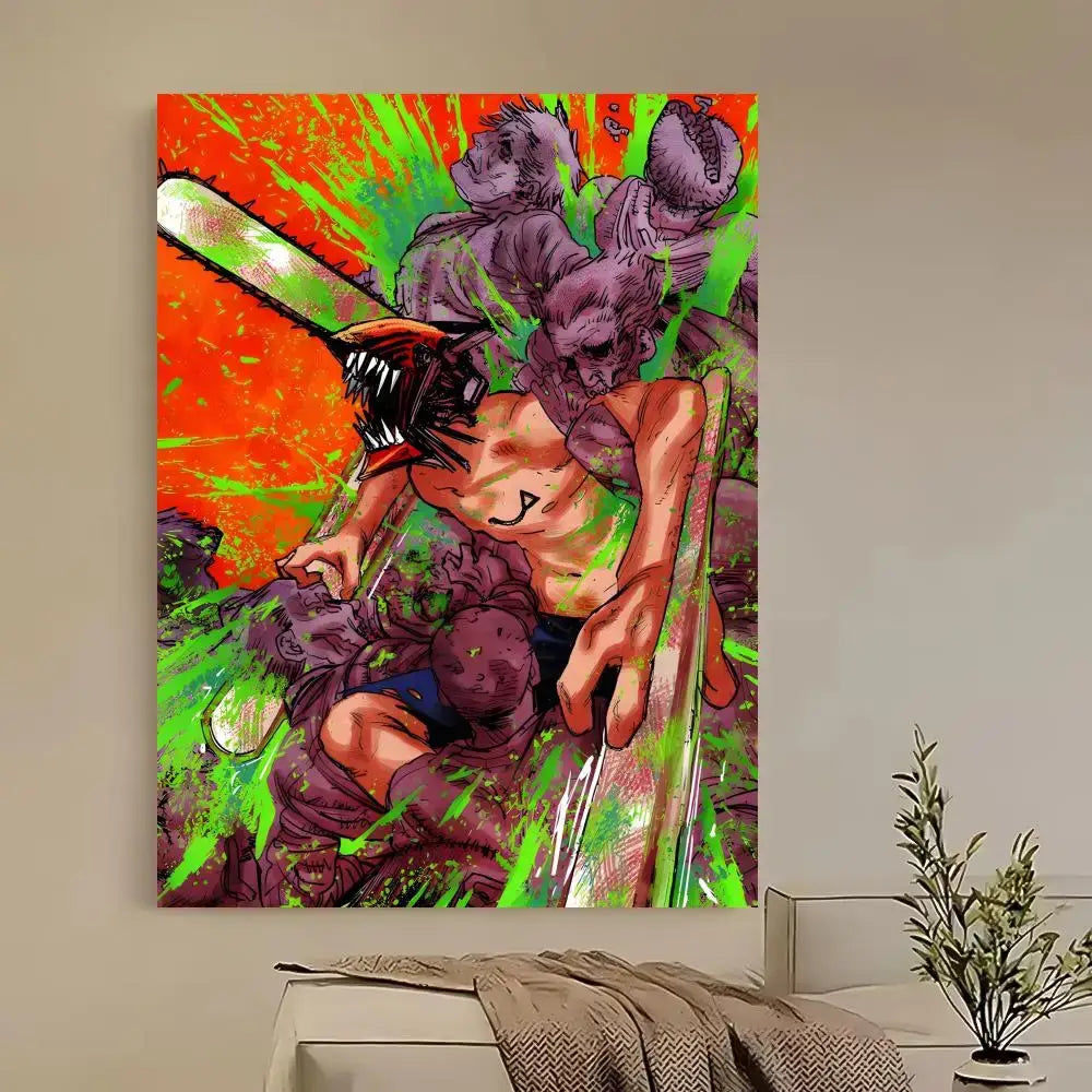 Vibrant orange and neon green chainsaw man denji poster featuring muscular character and purple-skinned monsters on canvas