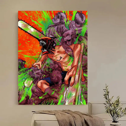 Vibrant orange and neon green chainsaw man denji poster featuring muscular character and purple-skinned monsters on canvas