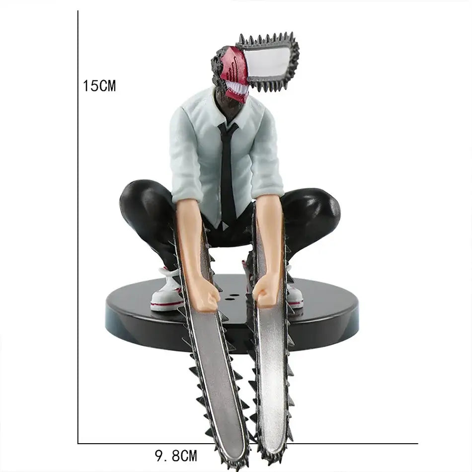Chainsaw man denji pvc figure 15cm tall with red and black face, light blue shirt, black tie, and black pants collectible