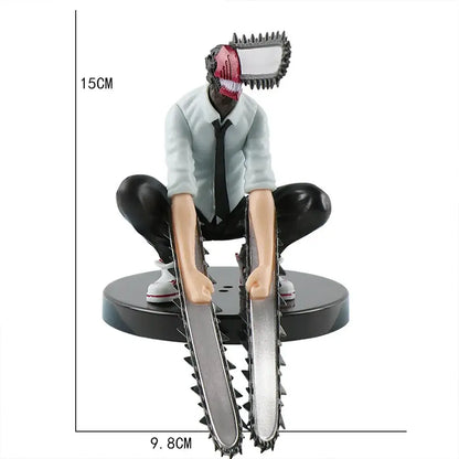 Chainsaw man denji pvc figure 15cm tall with red and black face, light blue shirt, black tie, and black pants collectible