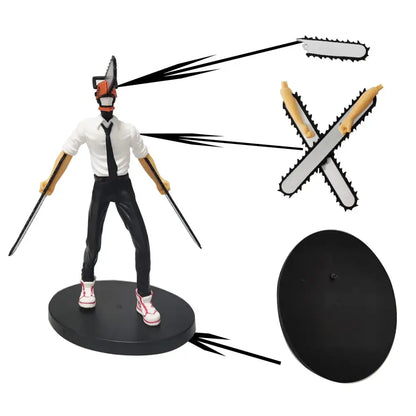 Black plastic chainsaw man denji pvc figure with chainsaw head white shirt and black pants on circular base