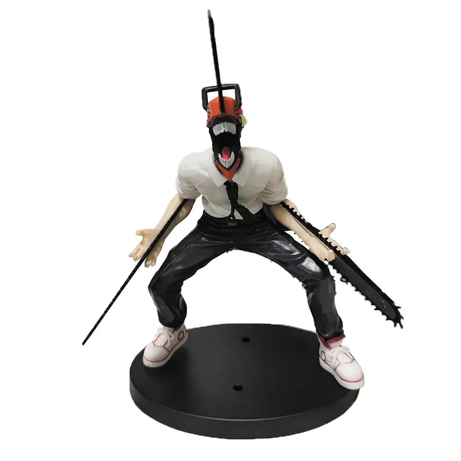 Chainsaw man denji pvc figure standing on circular base featuring black and orange chainsaw mask with red-trimmed sneakers