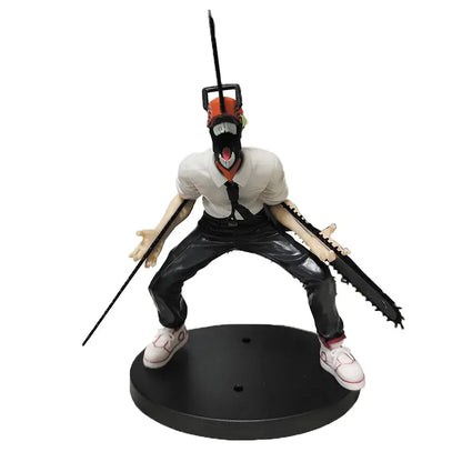 Chainsaw man denji pvc figure standing on circular base featuring black and orange chainsaw mask with red-trimmed sneakers