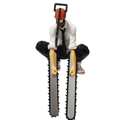 Chainsaw man denji pvc figure 18cm collectible with orange and black chainsaw head and silver chainsaws on legs sitting