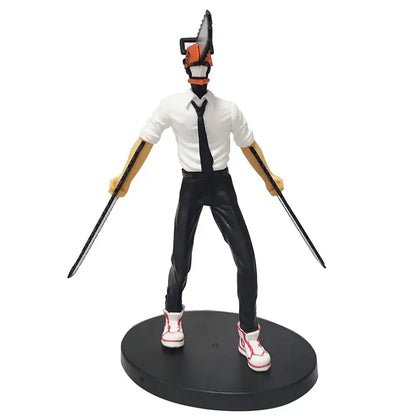 Detailed chainsaw man denji pvc figure with orange and black chainsaw head wearing white shirt and black tie on base