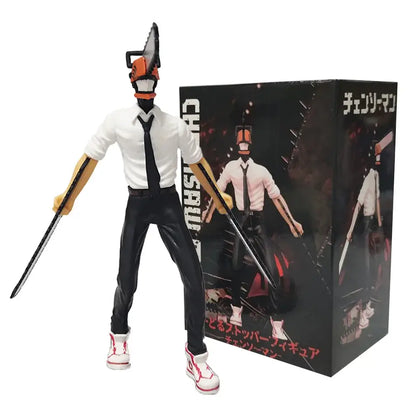 Chainsaw man denji pvc figure with orange and black chainsaw head white shirt black tie black pants and red sneakers