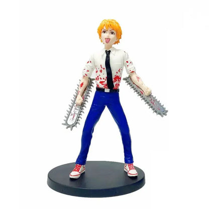 Chainsaw man denji pvc figure with orange hair wearing white shirt red splatters and holding two silver chainsaws