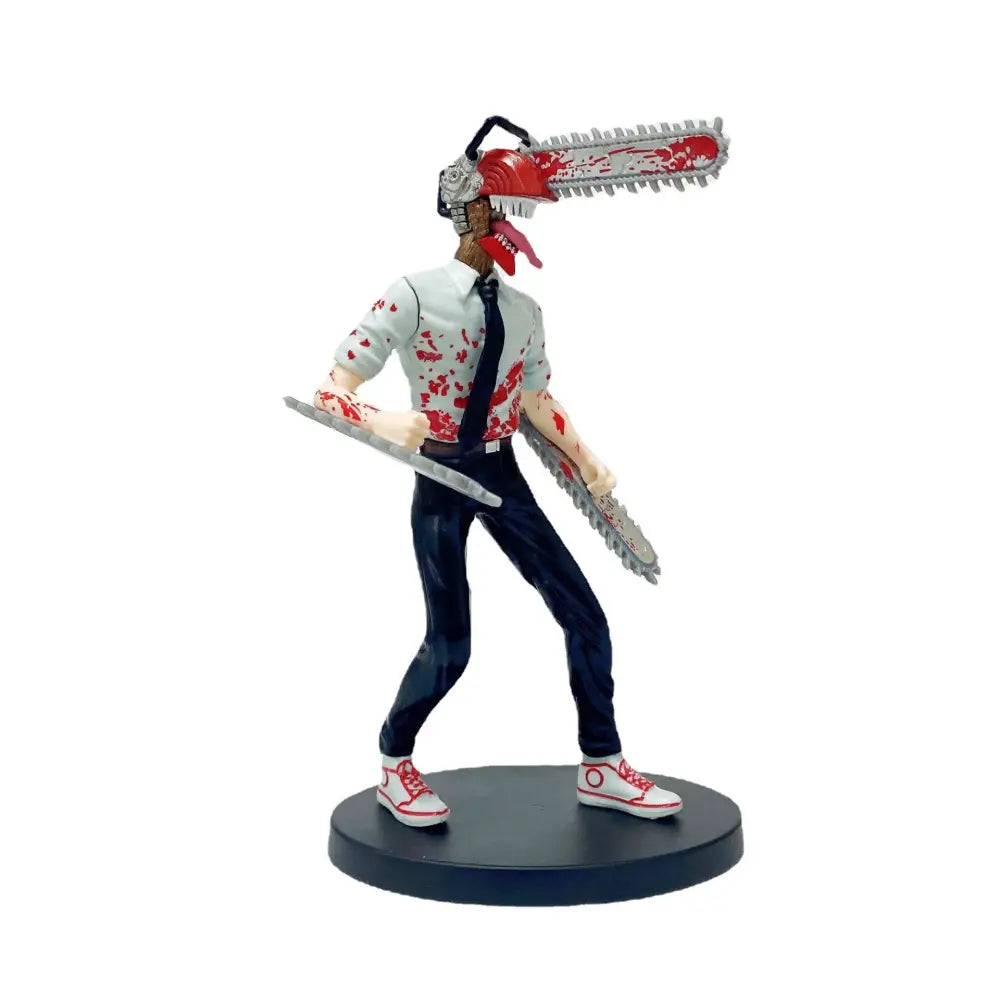 Detailed chainsaw man denji pvc figure with chainsaw head, white shirt, dark pants, and movable helmet 19cm tall
